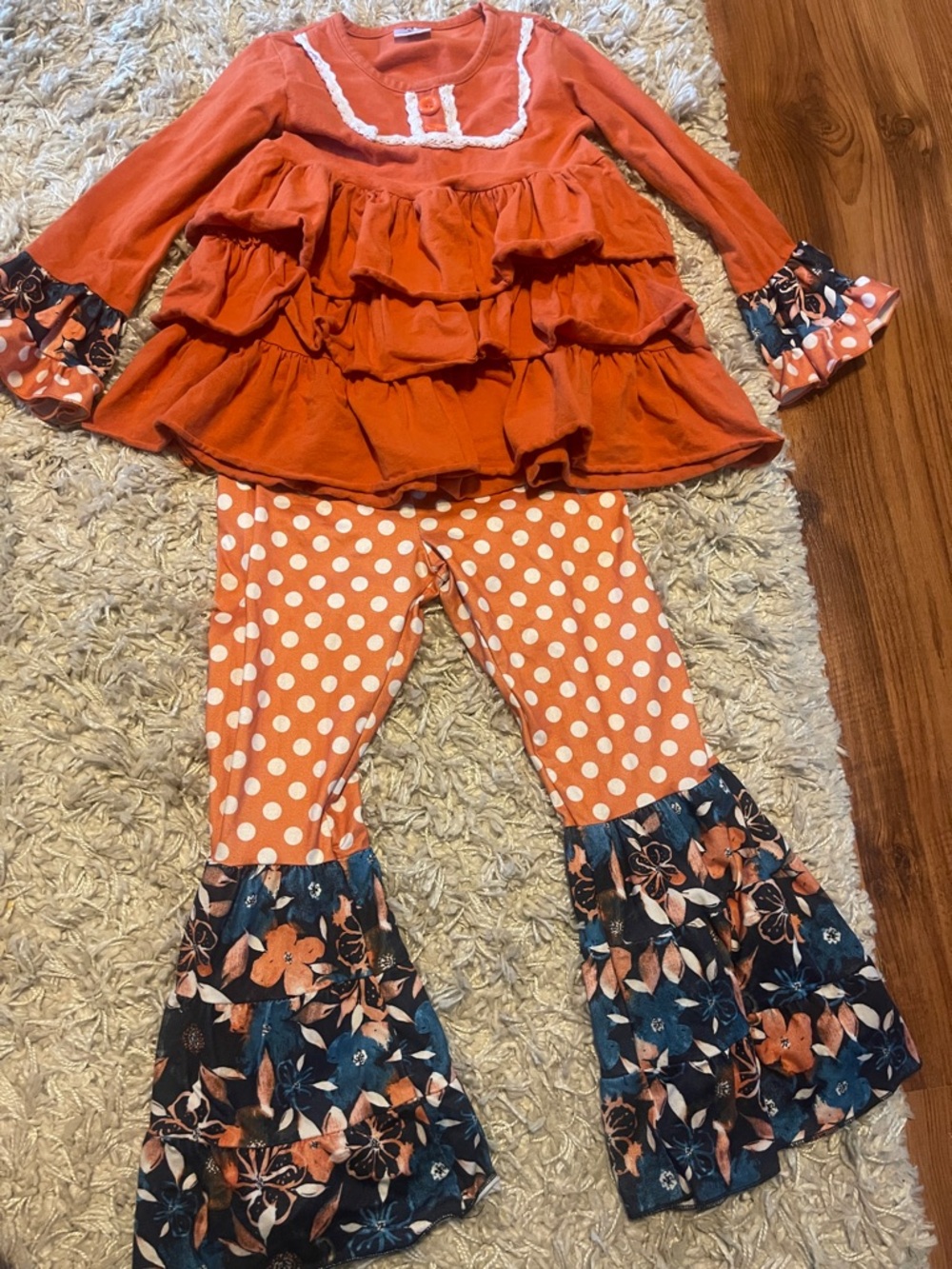 Orange Ruffle Tunic & Polka Dot Bell Bottom Leggings Set